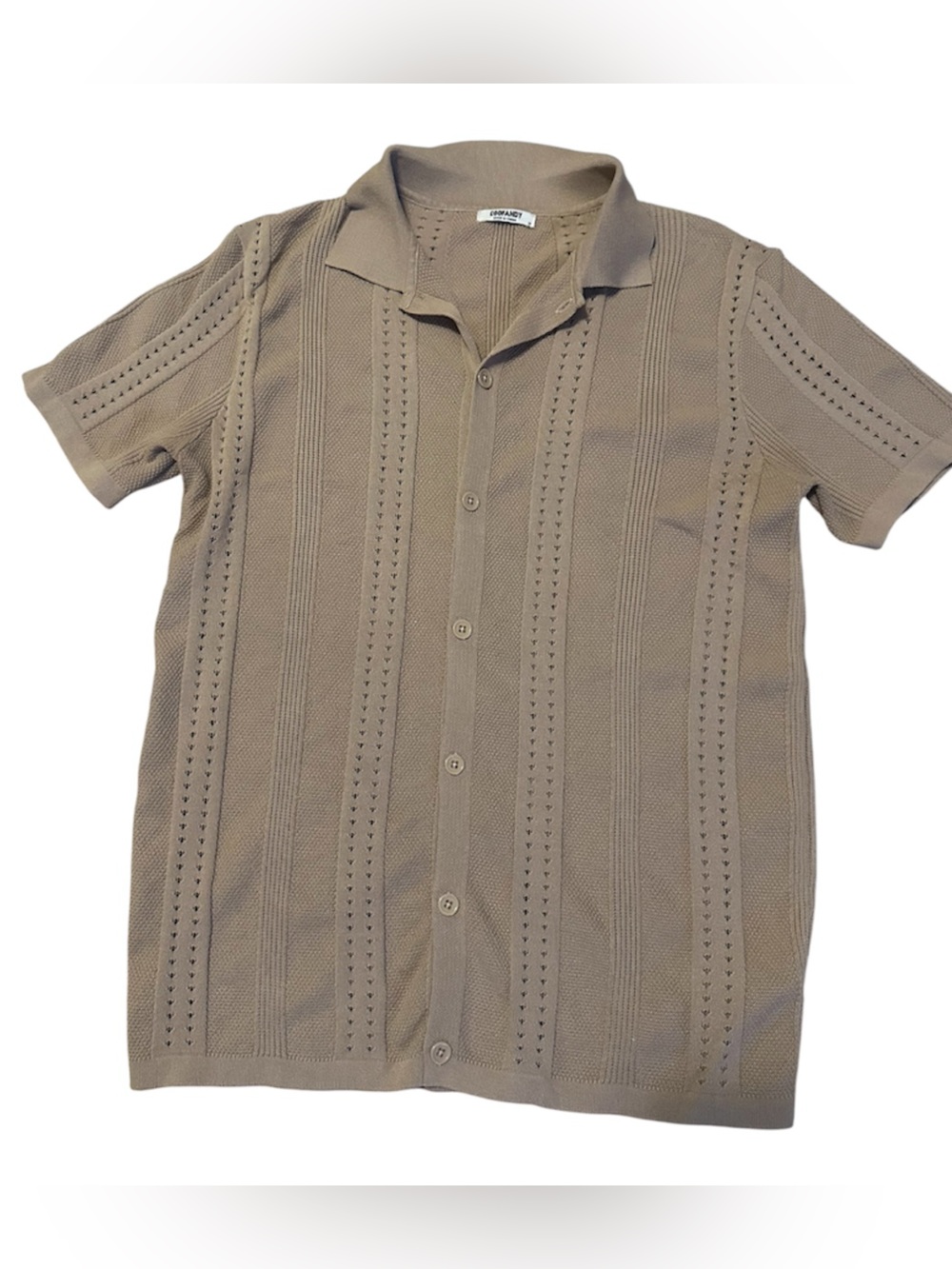 Men's Taupe Short-Sleeve Knit Camp-Collar Button-Down Shirt